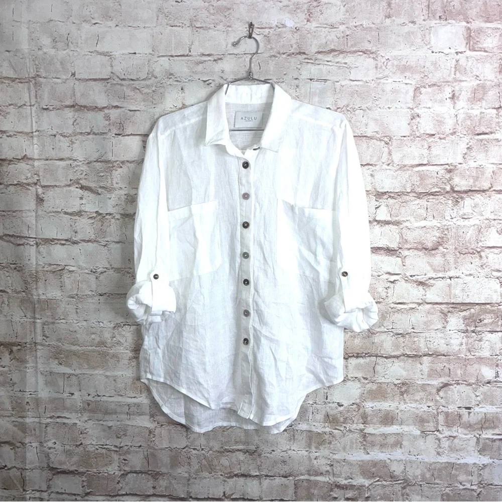 Azulu Linen Button Down Shirt in Pure White Size Small - Picture 2 of 7